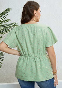 Cute Light Green V Neck Print Patchwork Chiffon Top Short Sleeve