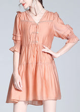 Load image into Gallery viewer, Cute Orange V Neck Patchwork Button Solid Silk Mid Dress Summer