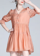 Load image into Gallery viewer, Cute Orange V Neck Patchwork Button Solid Silk Mid Dress Summer