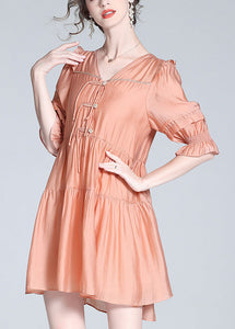 Cute Orange V Neck Patchwork Button Solid Silk Mid Dress Summer