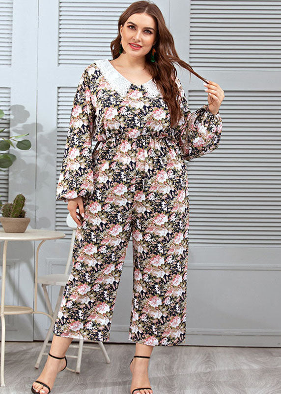 Cute Peter Pan Collar Print Lace Patchwork Straight Jumpsuit Long Sleeve