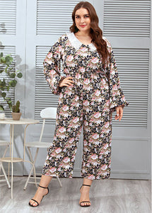 Cute Peter Pan Collar Print Lace Patchwork Straight Jumpsuit Long Sleeve