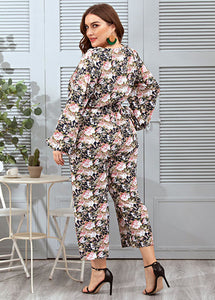 Cute Peter Pan Collar Print Lace Patchwork Straight Jumpsuit Long Sleeve