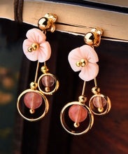 Load image into Gallery viewer, Cute Pink Crystal Shellfish Flower 14K Gold Drop Earrings