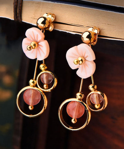 Cute Pink Crystal Shellfish Flower 14K Gold Drop Earrings