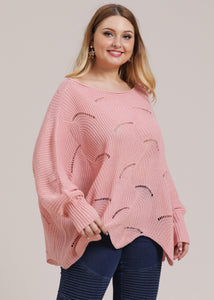 Cute Pink O-Neck Asymmetrical Hollow Out Knit Sweater Fall