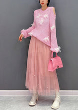 Load image into Gallery viewer, Cute Pink O-Neck Knit Top And Tulle Maxi Skirts Two Pieces Set Fall