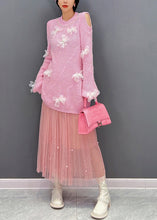 Load image into Gallery viewer, Cute Pink O-Neck Knit Top And Tulle Maxi Skirts Two Pieces Set Fall