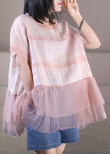 Load image into Gallery viewer, Cute Pink O-Neck Tulle Patchwork Cotton Linen Loose Tank Tops Short Sleeve