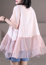 Load image into Gallery viewer, Cute Pink O-Neck Tulle Patchwork Cotton Linen Loose Tank Tops Short Sleeve