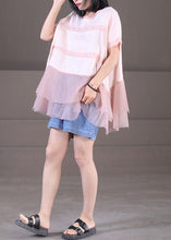 Load image into Gallery viewer, Cute Pink O-Neck Tulle Patchwork Cotton Linen Loose Tank Tops Short Sleeve