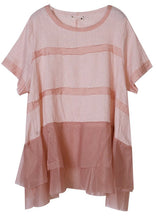 Load image into Gallery viewer, Cute Pink O-Neck Tulle Patchwork Cotton Linen Loose Tank Tops Short Sleeve