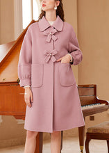 Load image into Gallery viewer, Cute Pink Square Collar Bow Button Woolen Maxi Coat Spring