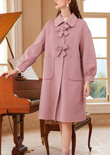 Load image into Gallery viewer, Cute Pink Square Collar Bow Button Woolen Maxi Coat Spring