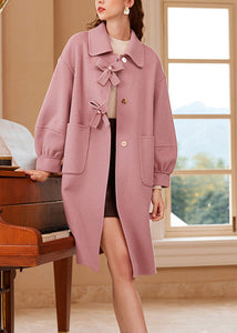 Cute Pink Square Collar Bow Button Woolen Maxi Coat Spring