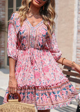 Load image into Gallery viewer, Cute Pink V Neck Ruffled Patchwork Print Cotton Cinch Mid Dresses Half Sleeve