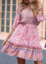 Load image into Gallery viewer, Cute Pink V Neck Ruffled Patchwork Print Cotton Cinch Mid Dresses Half Sleeve