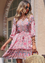 Load image into Gallery viewer, Cute Pink V Neck Ruffled Patchwork Print Cotton Cinch Mid Dresses Half Sleeve