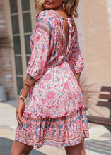 Load image into Gallery viewer, Cute Pink V Neck Ruffled Patchwork Print Cotton Cinch Mid Dresses Half Sleeve