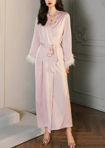 Cute Pink V Neck Tie Waist Ice Silk Robe Spring