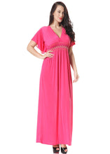 Load image into Gallery viewer, Cute Pink V Neck Wrinkled Patchwork Holiday Ice Silk Maxi Dress Short Sleeve