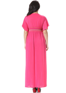 Cute Pink V Neck Wrinkled Patchwork Holiday Ice Silk Maxi Dress Short Sleeve