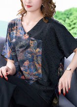 Load image into Gallery viewer, DIY Black Asymmetrical Patchwork Print Silk Shirts Short Sleeve