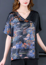 Load image into Gallery viewer, DIY Black Asymmetrical Patchwork Print Silk Shirts Short Sleeve