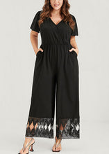 Load image into Gallery viewer, DIY Black V Neck Lace Patchwork Elastic Waist Knit Wide Leg Jumpsuit Short Sleeve