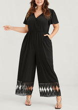 Load image into Gallery viewer, DIY Black V Neck Lace Patchwork Elastic Waist Knit Wide Leg Jumpsuit Short Sleeve