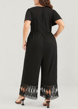 Load image into Gallery viewer, DIY Black V Neck Lace Patchwork Elastic Waist Knit Wide Leg Jumpsuit Short Sleeve