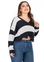 Load image into Gallery viewer, DIY Black White Striped Patchwork Asymmetrical Knit Sweaters Fall