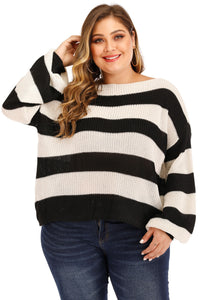 DIY Black White Striped Patchwork Knit Sweater Lantern Sleeve