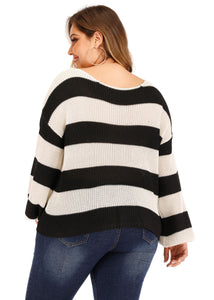 DIY Black White Striped Patchwork Knit Sweater Lantern Sleeve