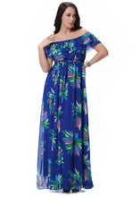 Load image into Gallery viewer, DIY Blue O-Neck Patchwork Wrinkled Chiffon Long Dress Short Sleeve