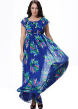 Load image into Gallery viewer, DIY Blue O-Neck Patchwork Wrinkled Chiffon Long Dress Short Sleeve