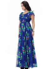 Load image into Gallery viewer, DIY Blue O-Neck Patchwork Wrinkled Chiffon Long Dress Short Sleeve