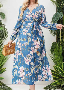 DIY Blue V Neck Print Tie Waist Chiffon Long Dress Fall