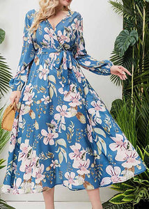 DIY Blue V Neck Print Tie Waist Chiffon Long Dress Fall