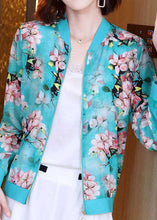 Load image into Gallery viewer, DIY Blue V Neck Zippered Print Patchwork Silk Jacket Summer