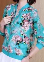 Load image into Gallery viewer, DIY Blue V Neck Zippered Print Patchwork Silk Jacket Summer