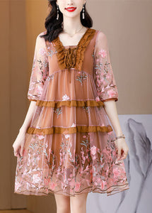 DIY Chocolate Embroideried Ruffled Lace Up Organza Dresses Half Sleeve