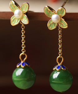 DIY Green Clover Floral Jade Gem Stone Drop Earrings