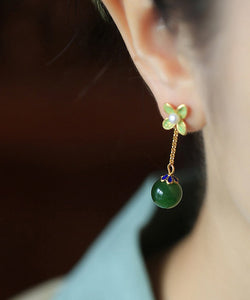 DIY Green Clover Floral Jade Gem Stone Drop Earrings