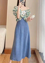 Load image into Gallery viewer, DIY Green Slash Neck Print Patchwork Denim Long Dress Short Sleeve