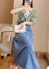 Load image into Gallery viewer, DIY Green Slash Neck Print Patchwork Denim Long Dress Short Sleeve