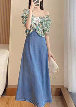 Load image into Gallery viewer, DIY Green Slash Neck Print Patchwork Denim Long Dress Short Sleeve