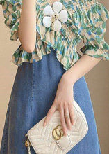 Load image into Gallery viewer, DIY Green Slash Neck Print Patchwork Denim Long Dress Short Sleeve