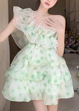 Load image into Gallery viewer, DIY Green Slash Neck Print Tulle Mid Dress Summer