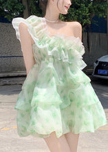 Load image into Gallery viewer, DIY Green Slash Neck Print Tulle Mid Dress Summer